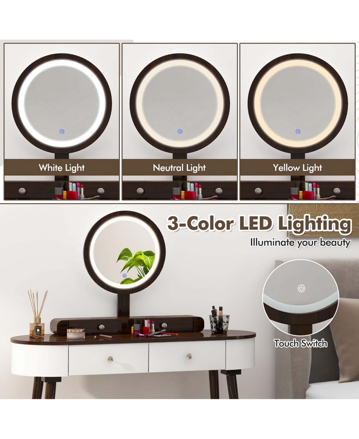 Solid Wood Makeup Vanity Desk Set with Led Lighted Mirror Drawers Cushioned Stool