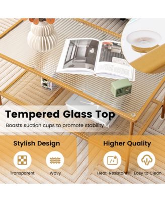 2-Tier Coffee Table with Shelf with Tempered Glass Top & Metal Frame Living Room