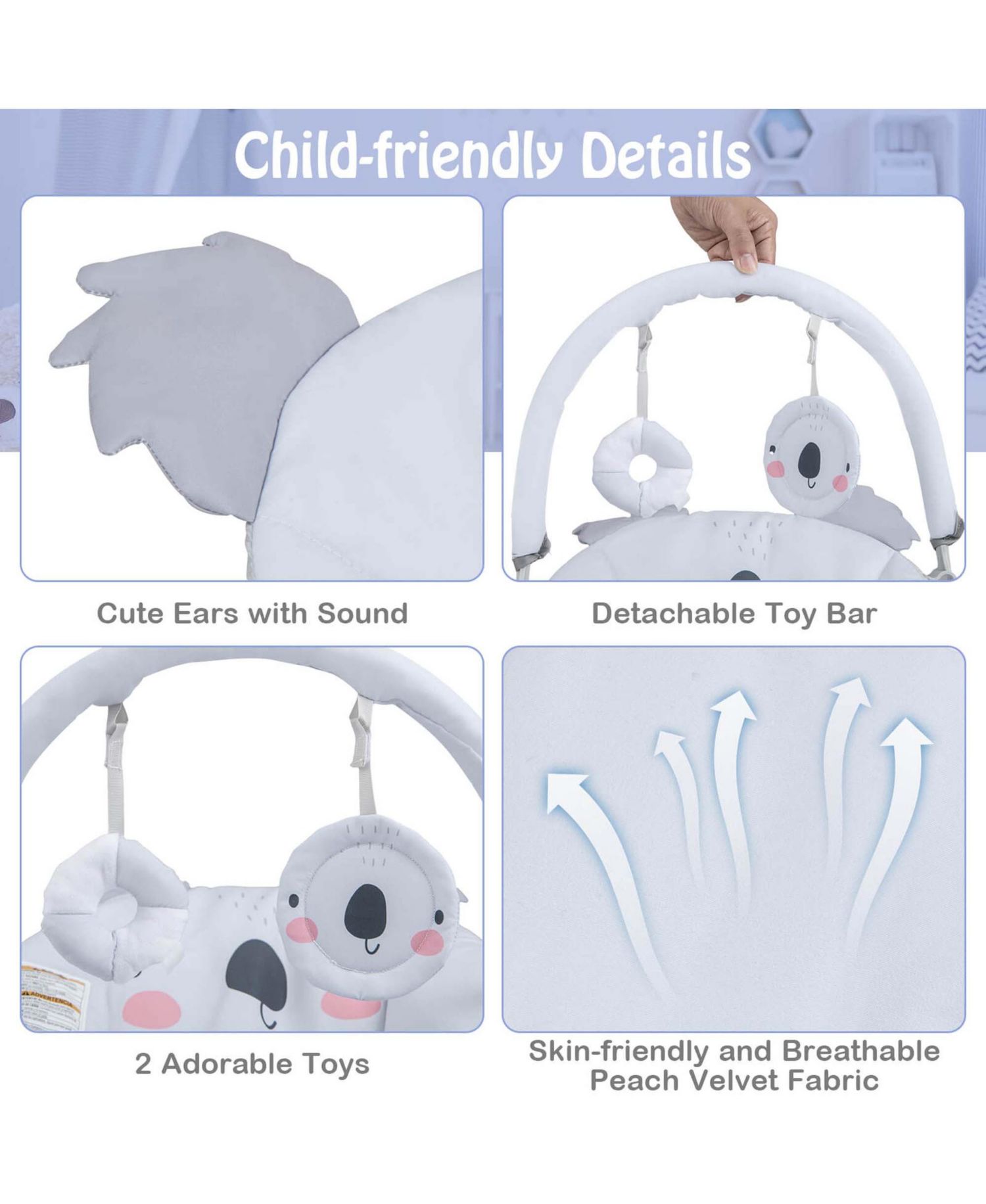 Baby Bouncer Vibration Infant Rocker Seat with Detachable Toy Bar