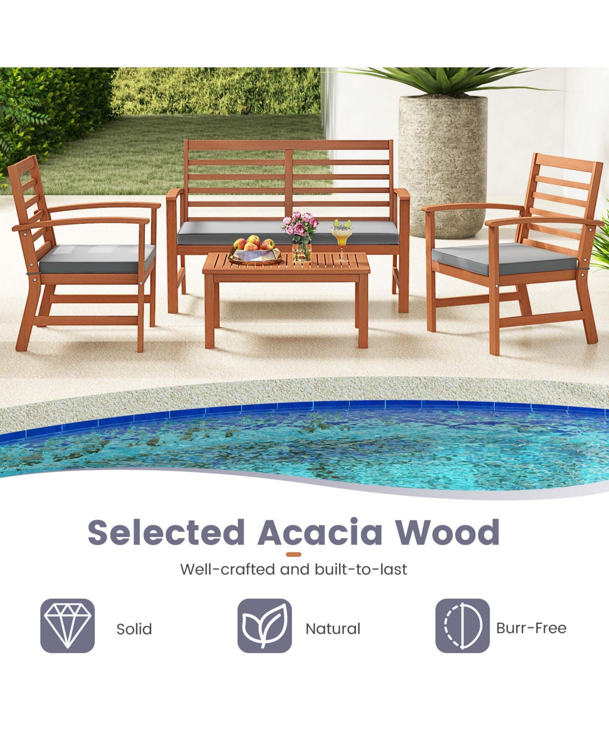 Costway 4 Pcs Outdoor Furniture Set with Soft Seat Cushions Stable Acacia Wood Frame