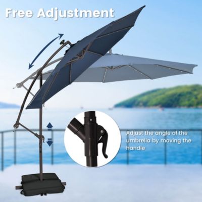 Patio 10FT Hanging Offset Umbrella 32 LED Lights Sand Bag Outdoor Cross Base
