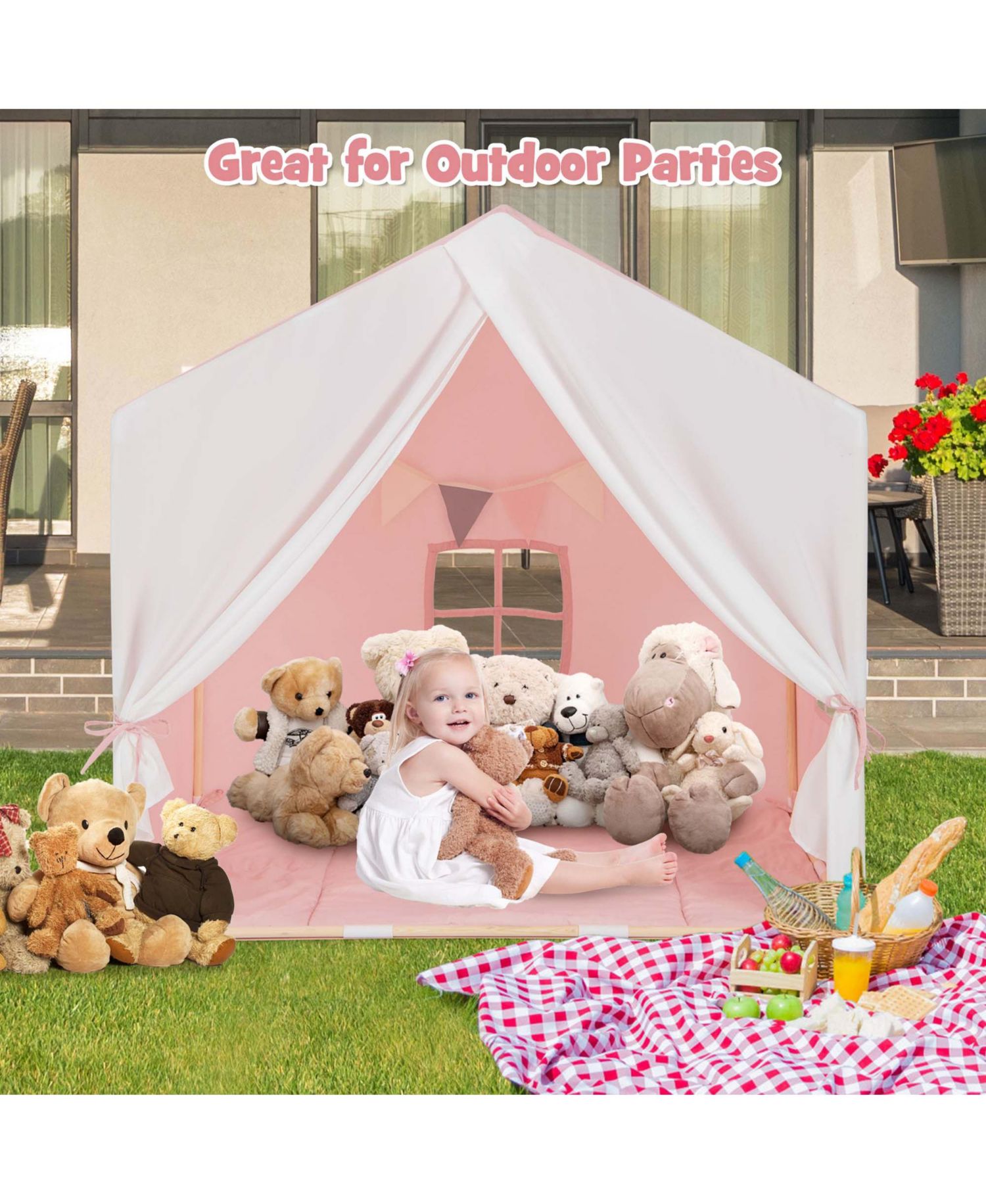 Kids' Castle Play Tent with Solid-Wood Frame and Washable Mat