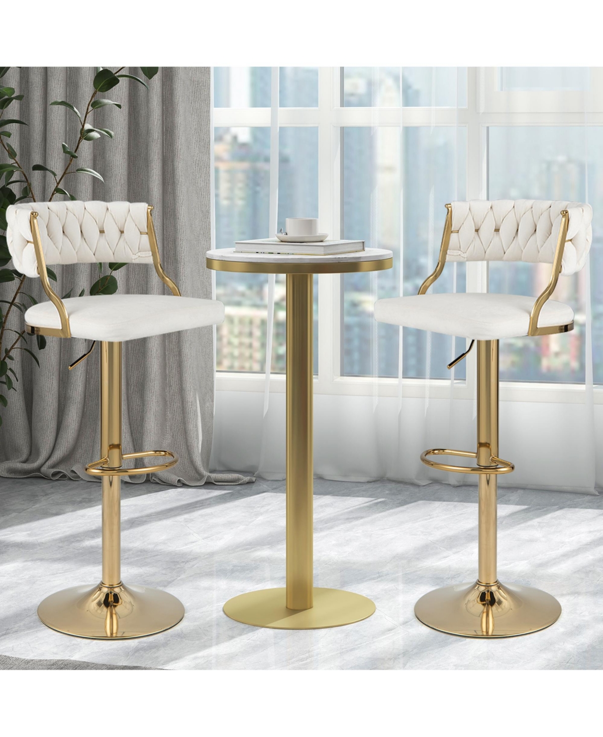Swivel Velvet Bar Stools Set of 2 Upholstered Adjustable with Woven Backrest