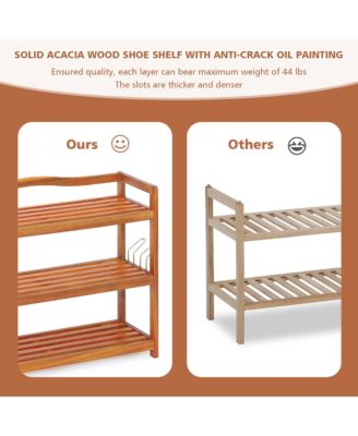 3-Tier Wood Shoe Rack Solid Acacia Wood Shoe Shelf with Side Metal Hooks