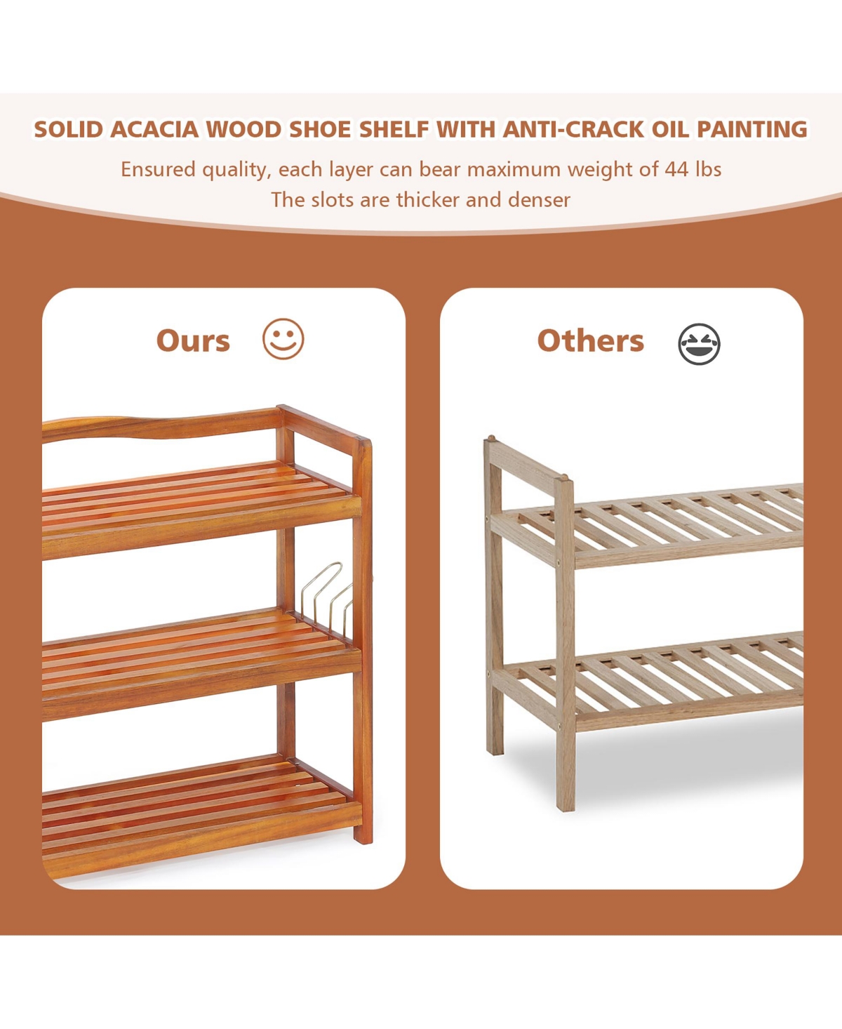 Costway 3-Tier Wood Shoe Rack Solid Acacia Wood Shoe Shelf with Side Metal Hooks