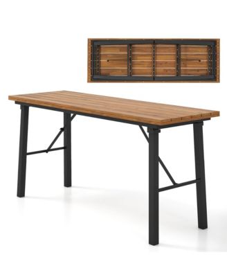 Patio Folding Picnic Table Acacia Wood Dining Table w/ Metal Frame