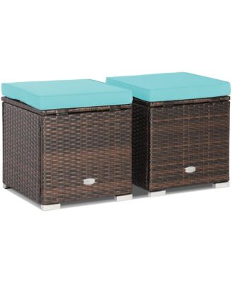 2PCS Patio Rattan Ottomans Seat Side Table Storage Box Footstool with Cushion