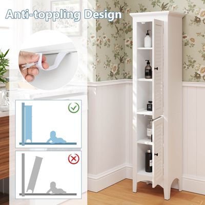 Tall Bathroom Floor Cabinet Narrow Linen Tower with 2 Doors & Adjustable Shelf