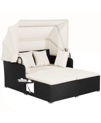 Patio Rattan Daybed Lounge Retractable Top Canopy Side Tables Cushions