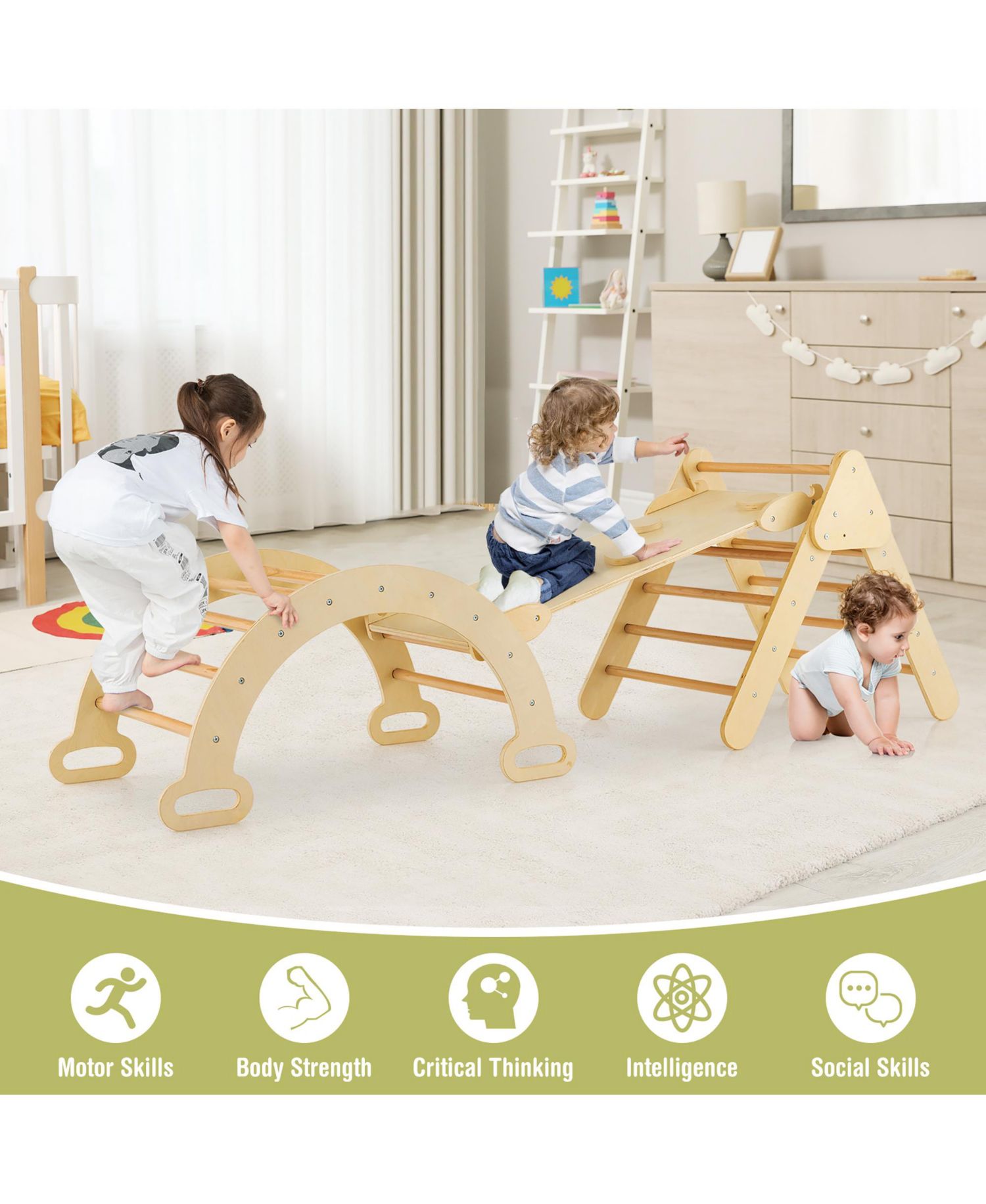Toddler 3-in-1 Montessori Climbing Triangle, Climbing Arch and Ramp, 3-Piece Set