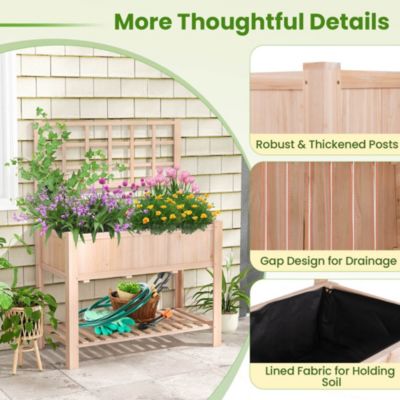 Raised Garden Bed Elevated Wooden Planter Box with Trellis & Open Storage Shelf