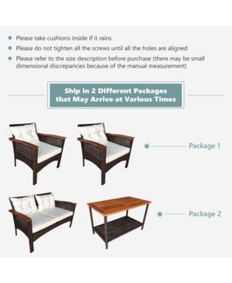 4PCS Rattan Patio Furniture Set Acacia Wood Outdoor Conversation Set w/ Cushions