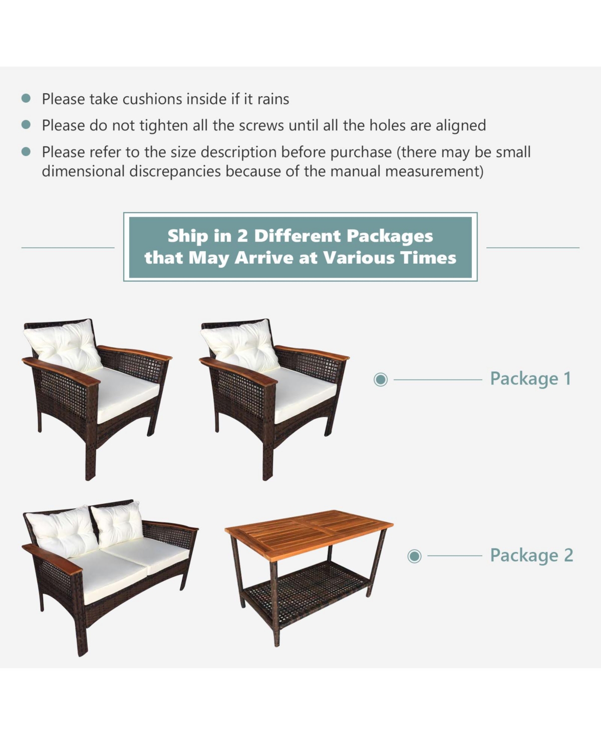 Gymax 4PCS Rattan Patio Furniture Set Acacia Wood Outdoor Conversation Set w/ Cushions - White+brown