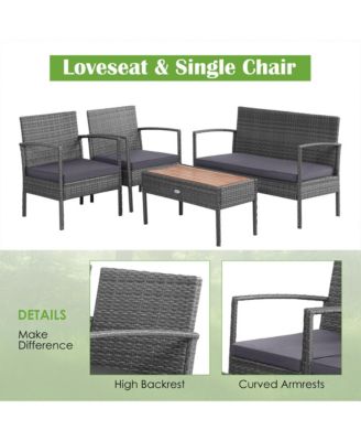 8PCS Rattan Patio Conversation Furniture Set w/ Acacia Wood Tabletop & Cushions