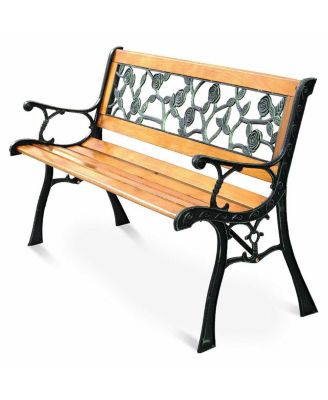 Patio Park Garden Bench Porch Chair Outdoor Deck Cast Iron Hardwood Rose