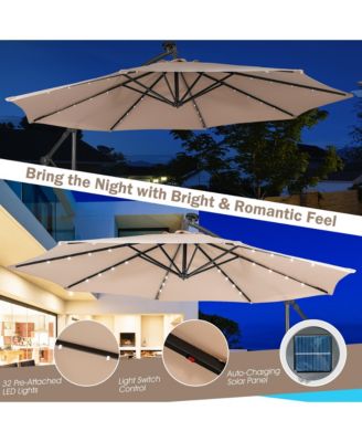 10FT Cantilever Solar Powered 32LED Lighted Patio Offset Umbrella Outdoor