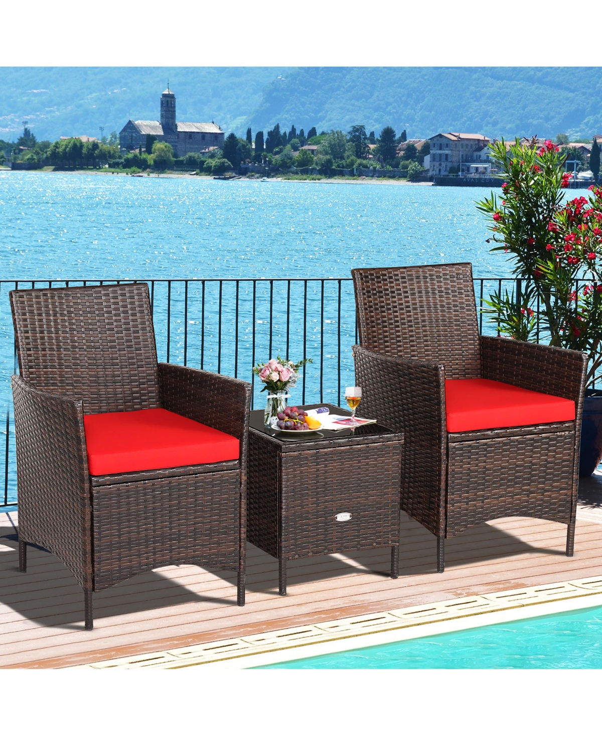Costway 3PCS Patio Rattan Furniture Set Cushioned Sofa Glass Tabletop Deck