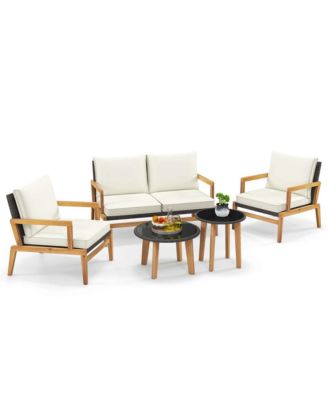 5 Piece Rattan Furniture Set Wicker Woven Sofa Set with Solid Acacia Wood Frame
