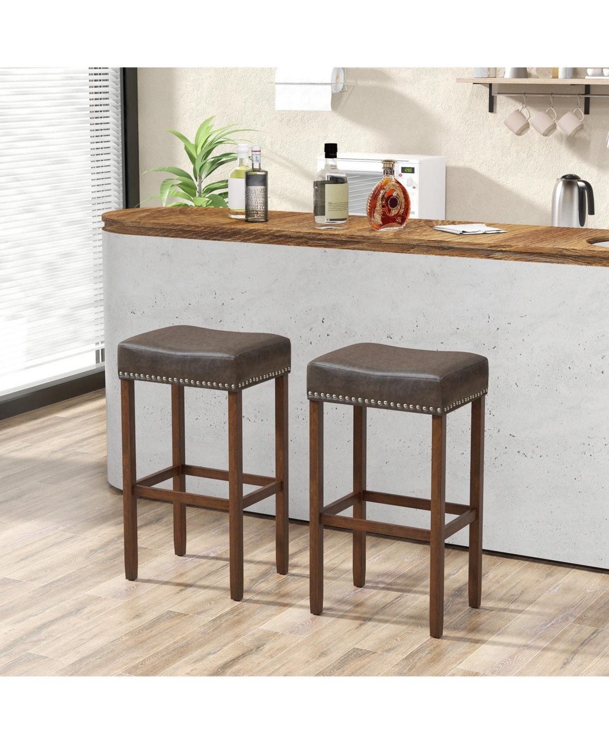 Costway Wood Frame Pu Leather Upholstered Bar Stools Set of 2 with Footrests