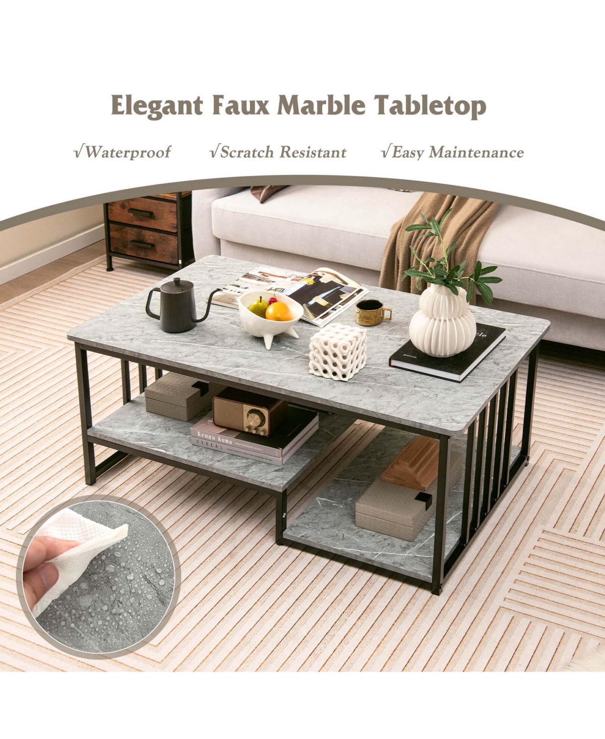 Costway Faux Marble Coffee Table Rectangular 2-Tier Center Table with Open Storage Shelf