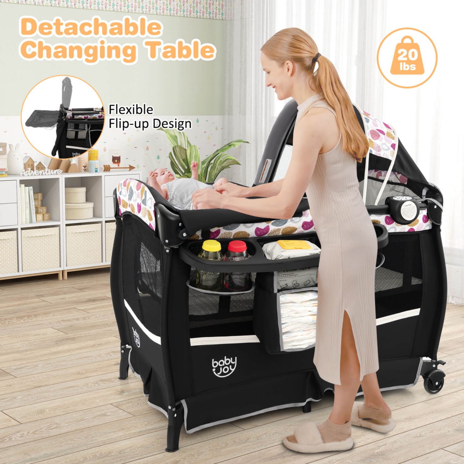 Pack Play Baby Diaper Changing Table 4 in 1 Foldable with Mattress