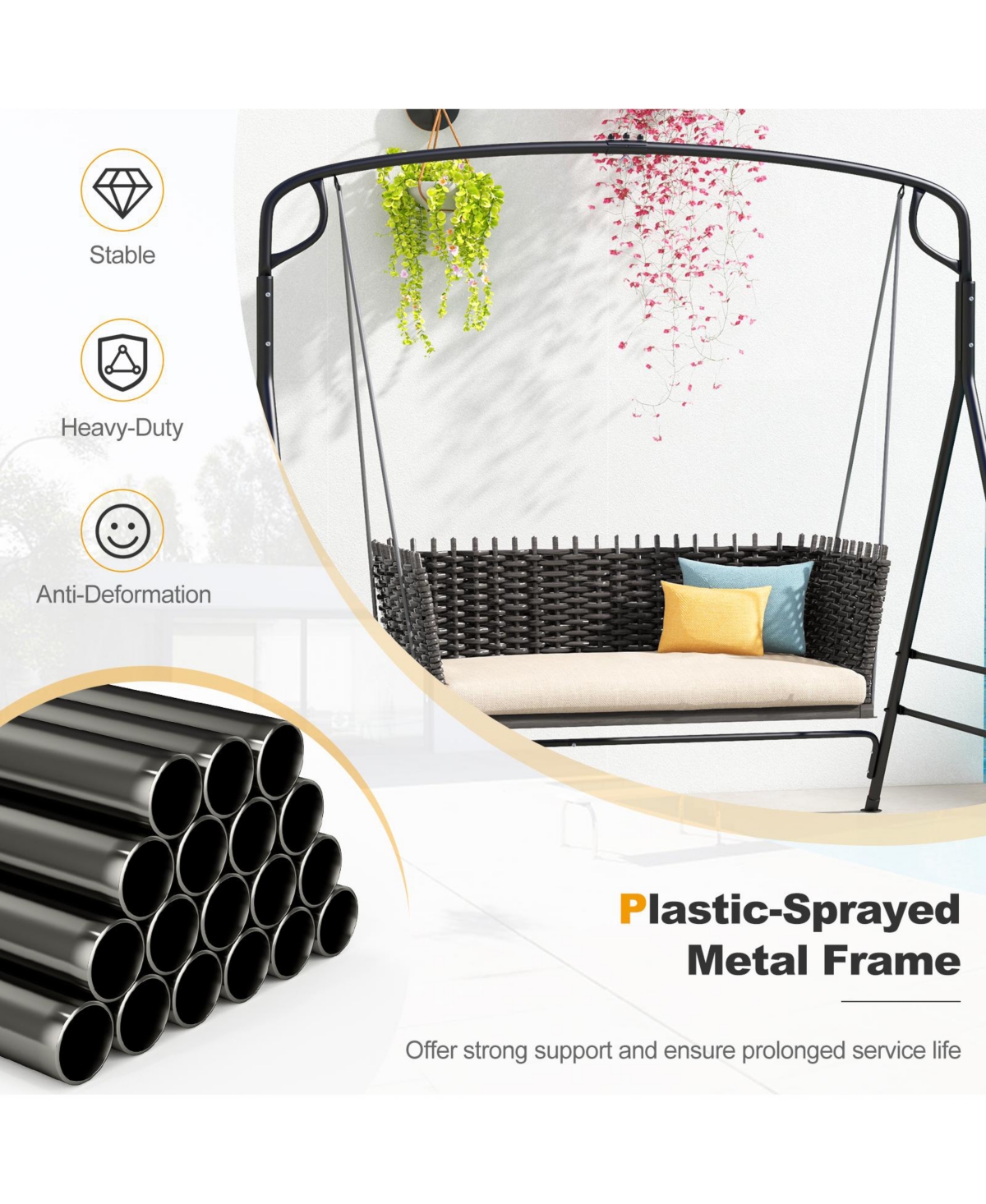 Costway Outdoor Metal Swing Frame Sturdy A-Shaped Porch Swing Stand with Extra Side Bars