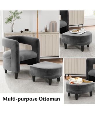 Comfy Accent Armchair with Footrest Upholstered Velvet Barrel Chair & Ottoman Set
