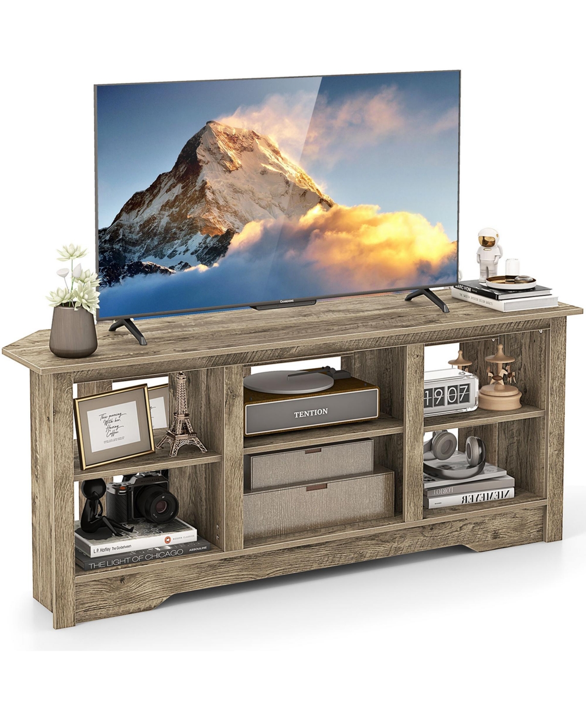 Costway Tv Stand with 6 Open Storage Shelves Shelf for 18 inch Fireplace(not included)