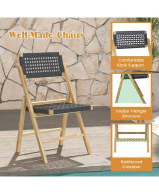 2 Piece Patio Folding Chairs with Woven Rope Seat & High Back Teak Wood for Porch