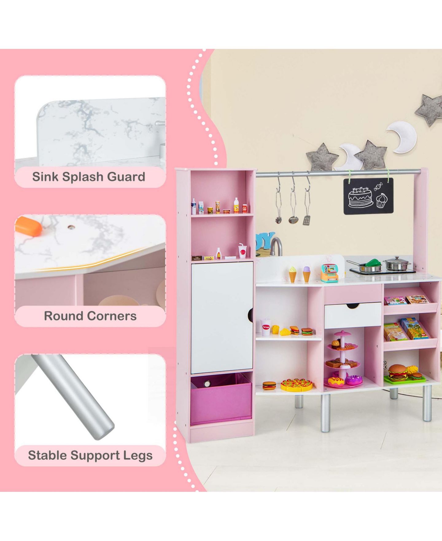 Детская игрушка Costway 2-in-1 Kids Kitchen & Market with Lights and Sounds Play Set, от 3 лет, цвет: Розовый — фото 5