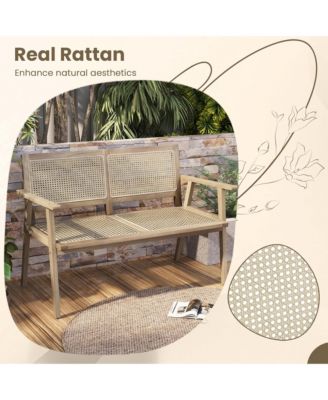 Teak Wood Garden Bench 2-Person Bench with Armrests, Rattan Backrest & Seat