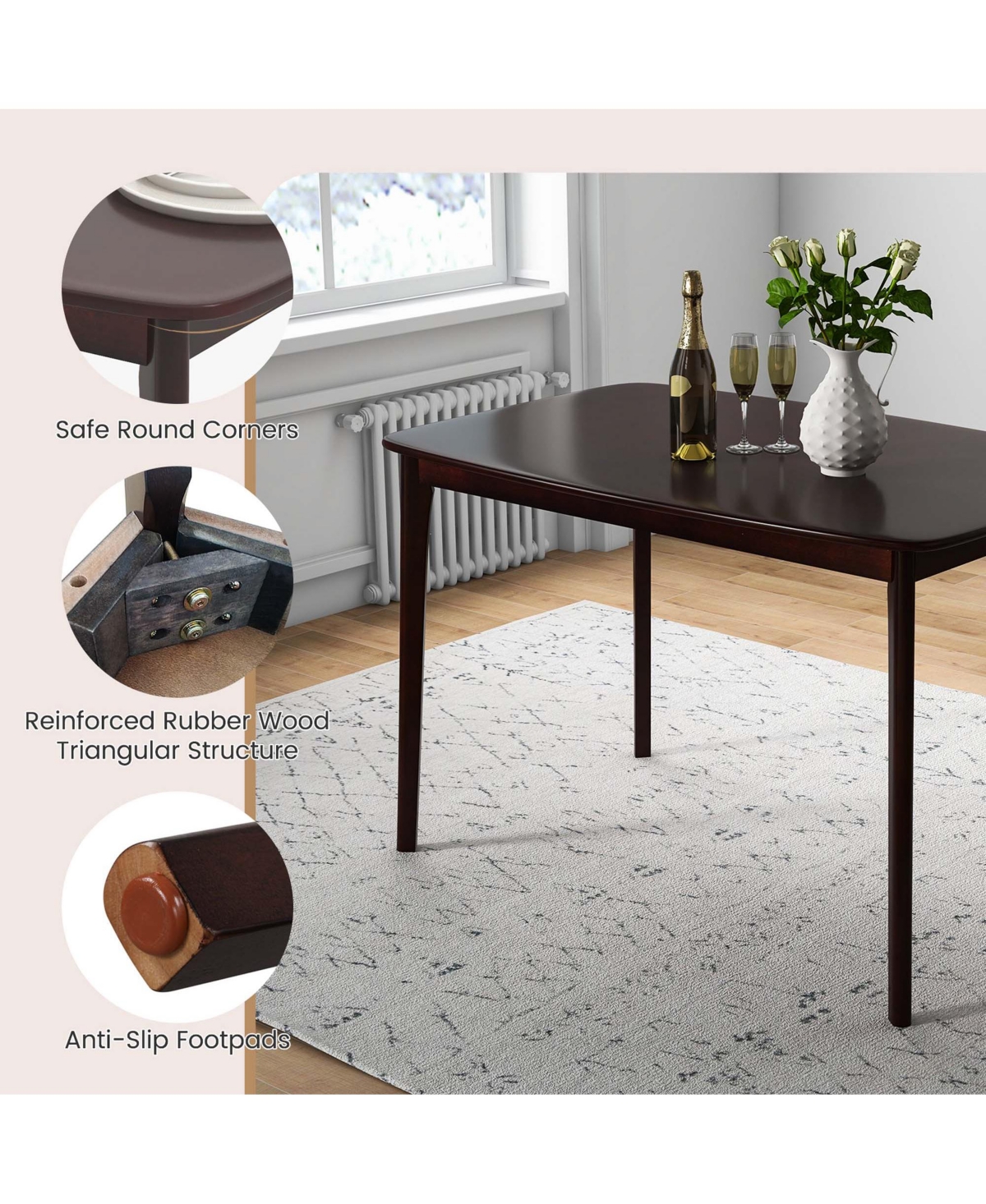 Costway Wooden Dining Table Rectangular Farmhouse Kitchen with Solid Rubber Wood