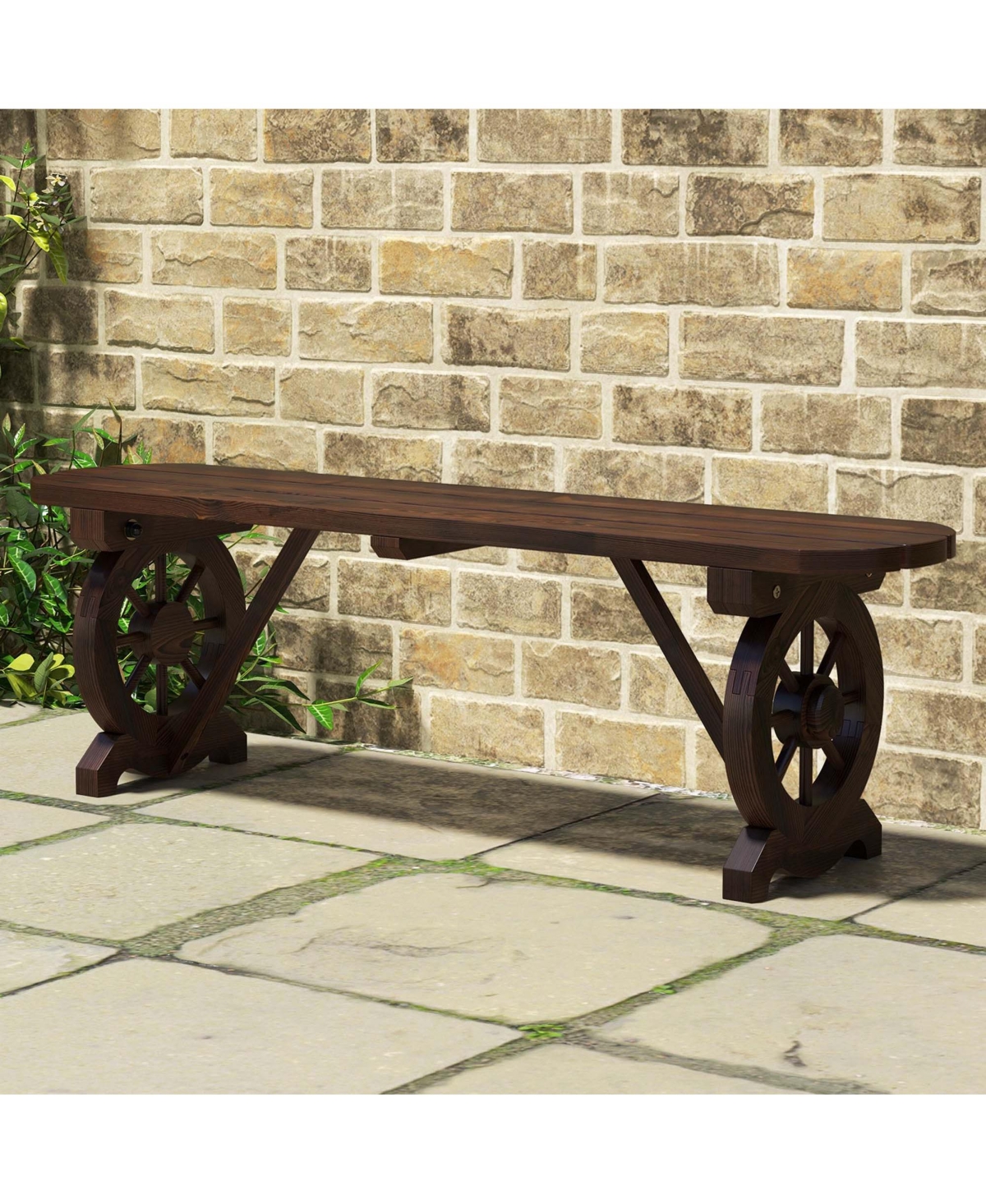 Patio Rustic Wood Bench with Wagon Wheel Base Slatted Seat Design
