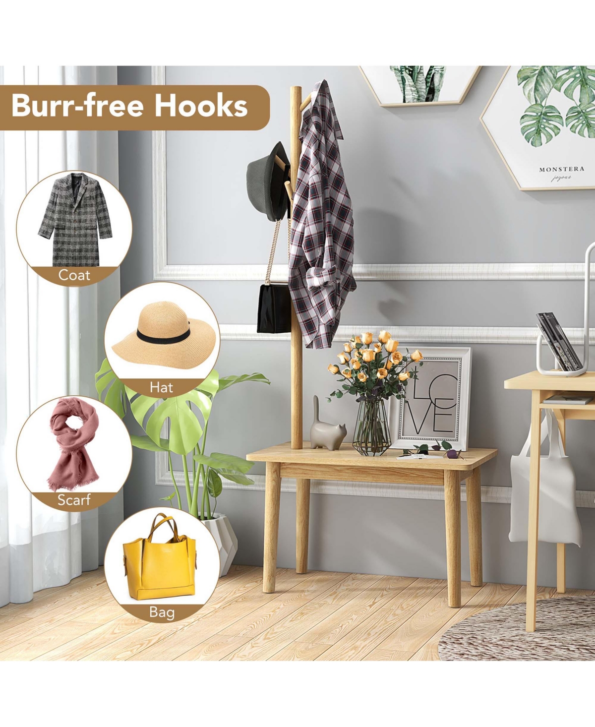 Costway End Table with Coat Rack 2-in-1 Side Table 3 Hooks for Hats Bags Coats Freestanding
