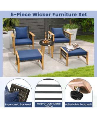 5 Pcs Patio Acacia Wood Wicker Woven Furniture Set with Coffee Table & 2 Ottomans