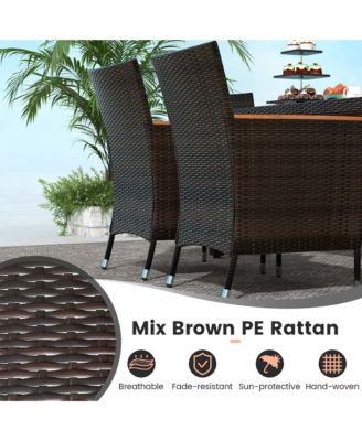 7 Pieces Outdoor Wicker Dining Set with Acacia Wood Table and 6 Stackable Chairs