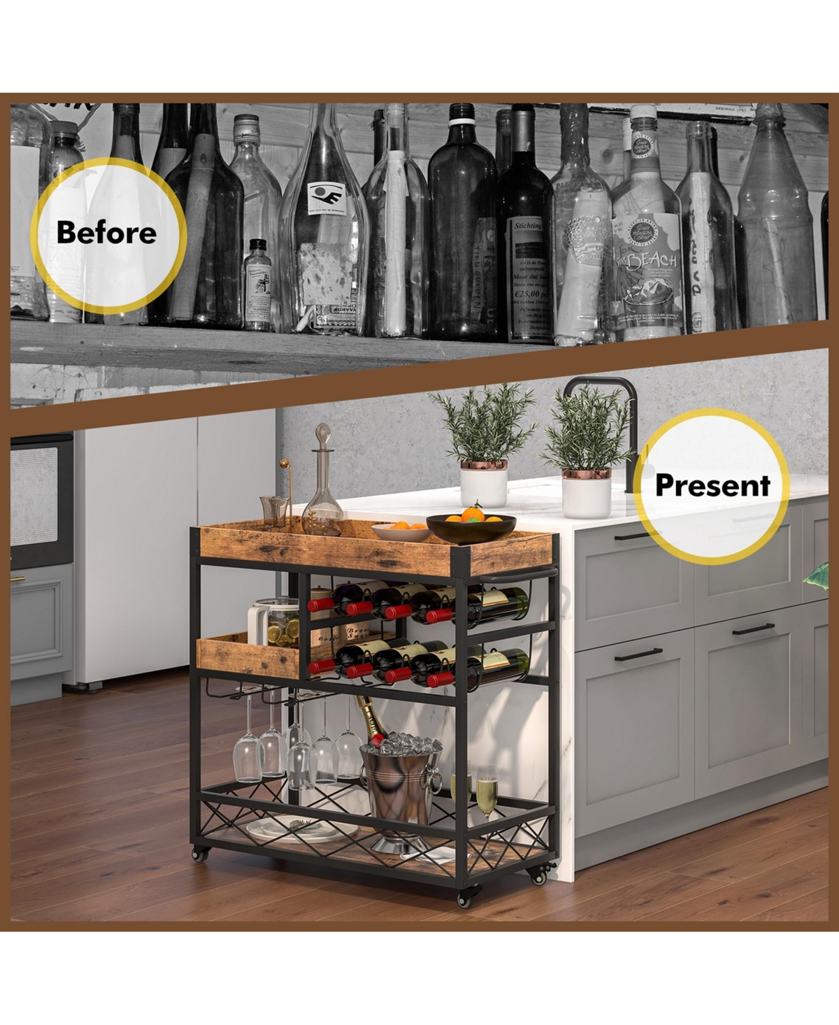 Costway 3-Tier Mobile Bar Serving Cart Liquor Storage Trolley with Removable Tray Wine Rack