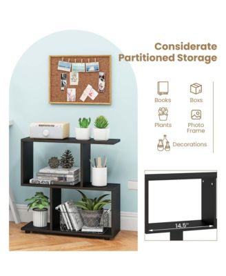 2-Tier Bookshelf Free Standing Wooden Display S-Shaped Shelf Storage Rack