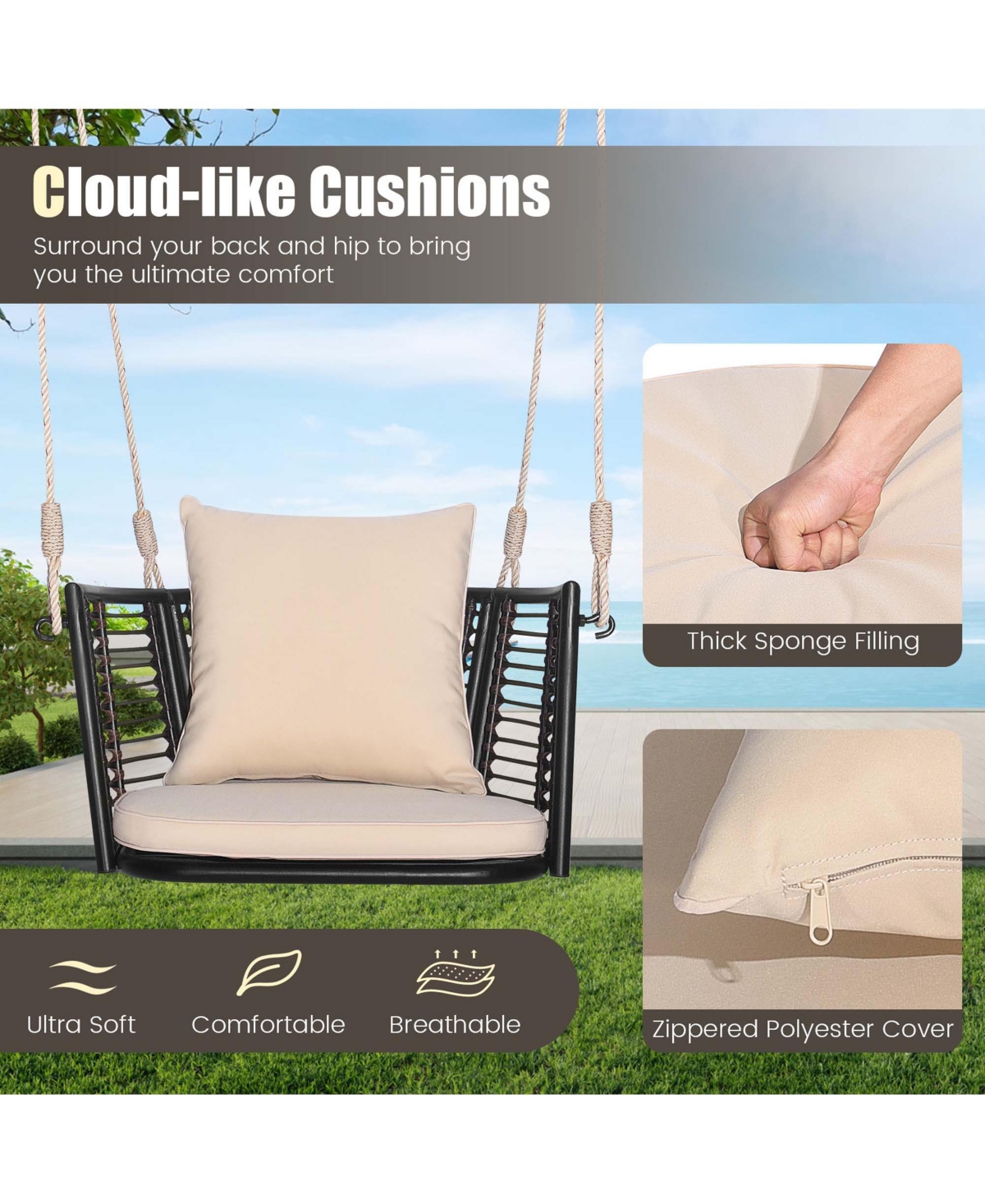 Costway Patio Hanging Rattan Basket Chair Swing Hammock Chair with Seat Cushion -khaki