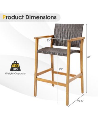 2PCS Patio PE Wicker Bar Chairs Height Barstools with Acacia Wood Armrests