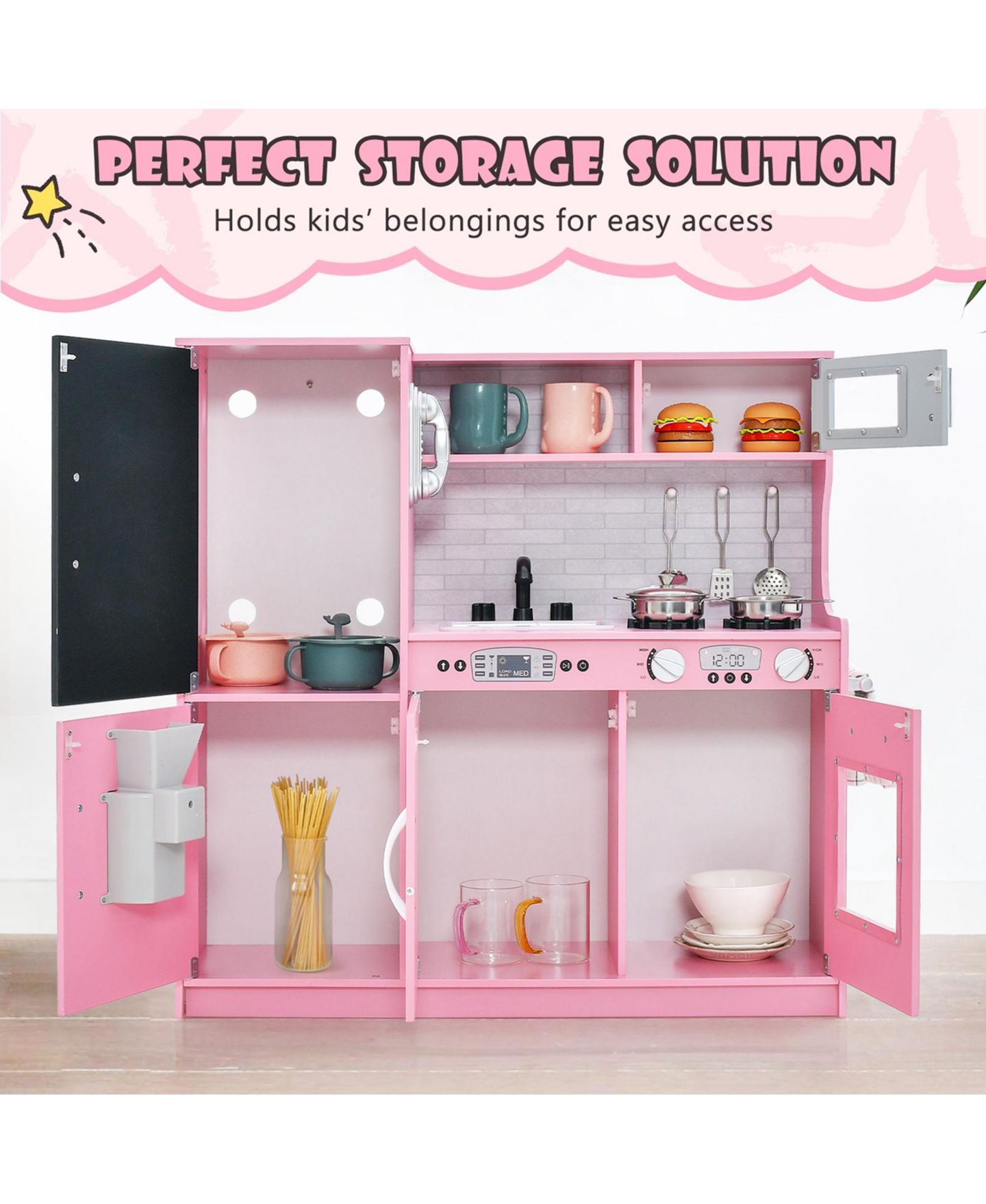Детские игрушки Costway Blackboard 11-Piece Pretend Play Kitchen, Ages 3+, цвет: Розовый — фото 10