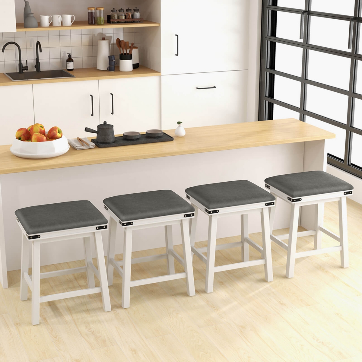 24'' Dining Bar Stool Set of 2 Counter Height Padded Seat Wood Frame Kitchen
