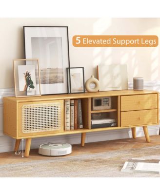 Bamboo TV Stand Console Table with PE Rattan Door & 2 Drawers for TV up to 65''