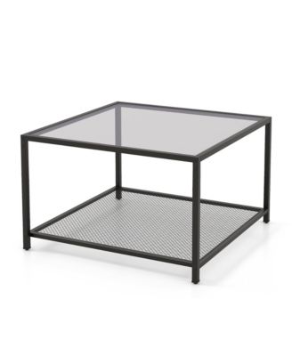 Glass Coffee Table 27.5 Inch 2-Tier Square with Mesh Shelf Living Room