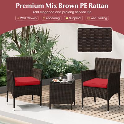 3PCS Outdoor Rattan Conversation Set Patio Furniture Set w/ Red Cushions
