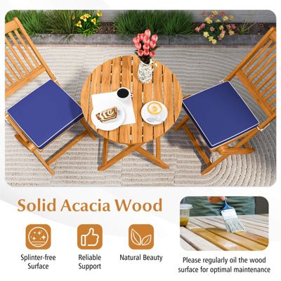 3PCS Patio Folding Wooden Bistro Set Cushioned Chair Conversation