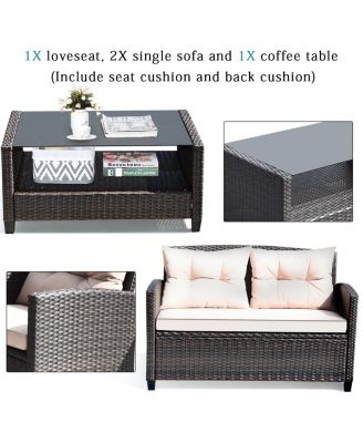 4PCS Outdoor Rattan Furniture Set Cushioned Sofa Armrest Table