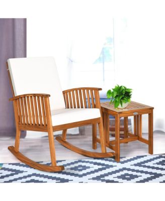 2PCS Acacia Wood Patio Rocking Chair Set Cushioned Coffee Table
