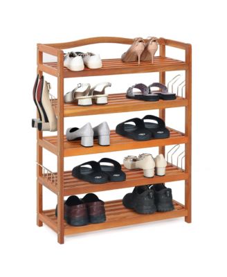 5-Tier Wood Shoe Rack Solid Acacia Wood Shoe Shelf with Side Metal Hooks