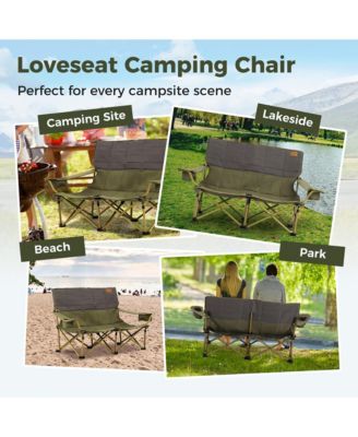 Oversized Camping Chair Folding Loveseat Camping Couch w/ Cup Holders & Padding Green